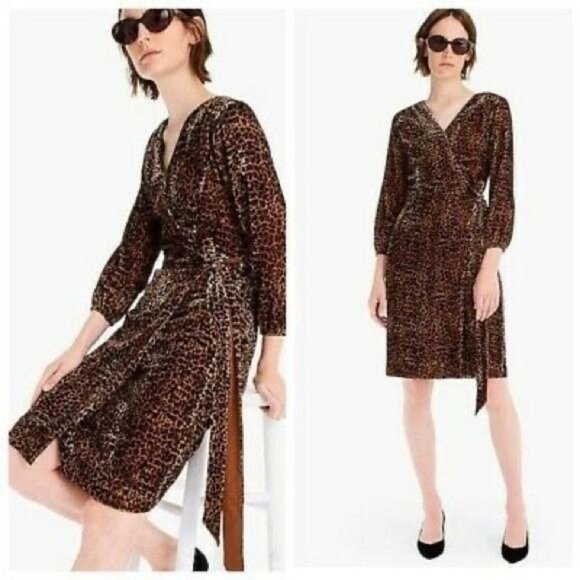 J. Crew Cheetah Velour Wrap Dress Sz.4 - Picture 1 of 9
